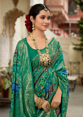 Teal Green Velvet Tussar Silk Floral Print Saree-3865